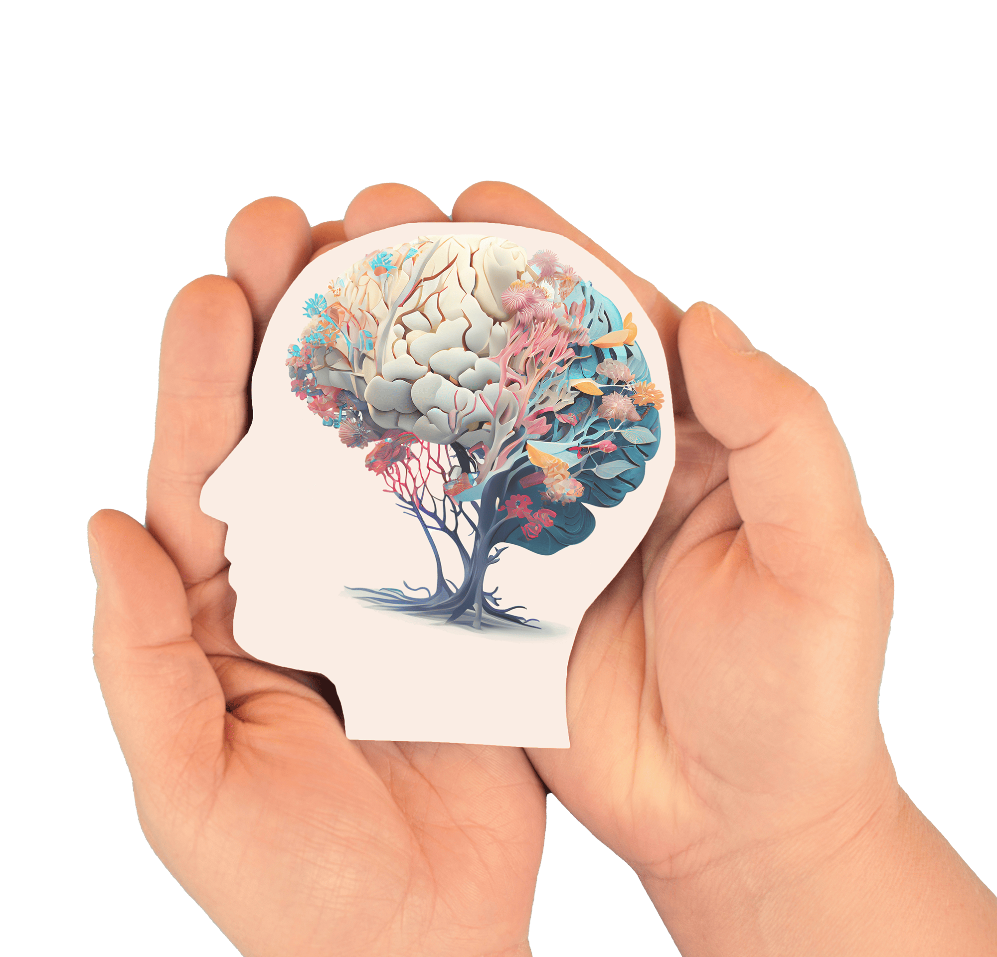 Hände halten Papierkopf, menschliches Gehirn mit Blumen, Selbstfürsorge und psychisches Gesundheitskonzept, positives Denken, kreativer Geist